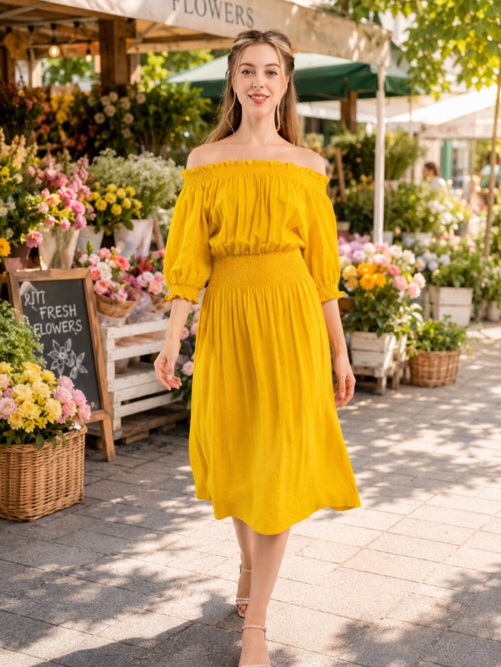 Off-Shoulder Crinkle Midi Dress – Marigold